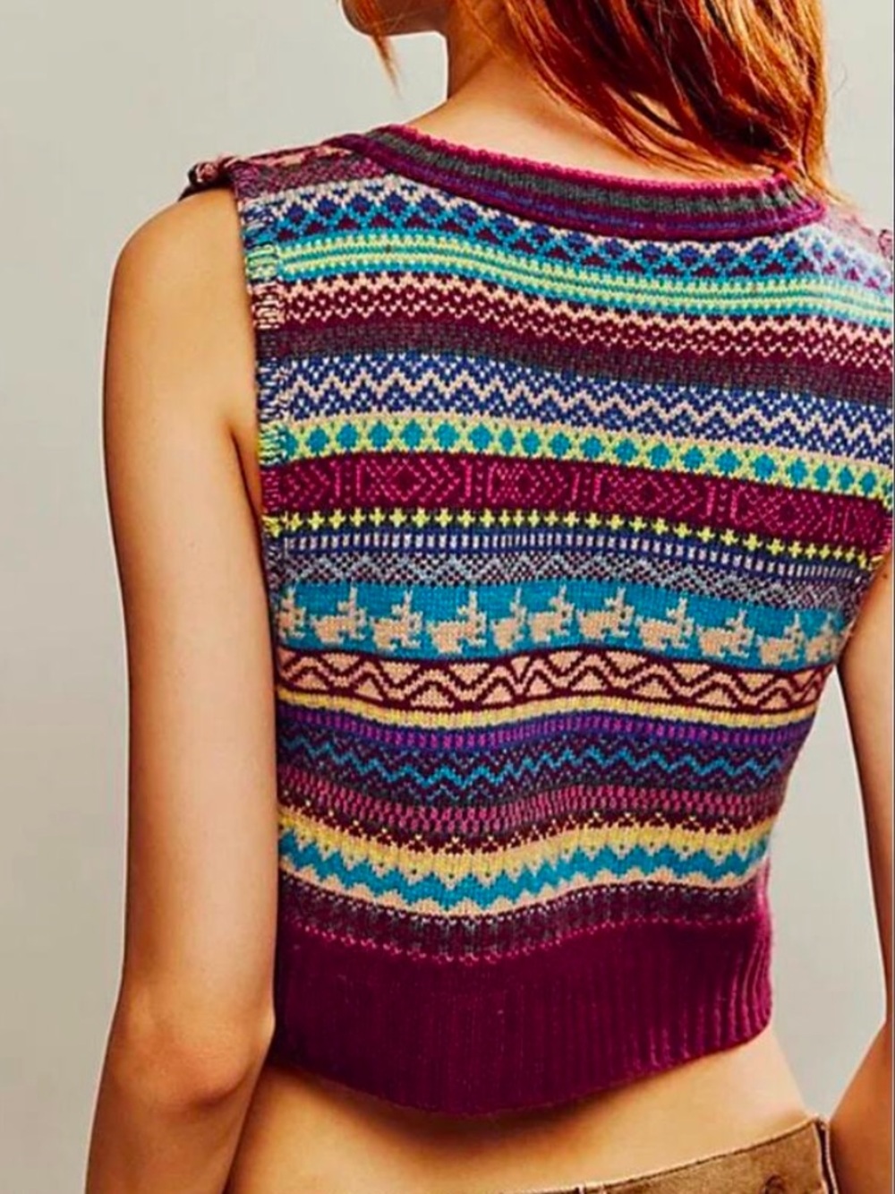 Free People NWT Fran cashmere/Wool blend Sweater Vest Sangria Combo Wine/Border - Picture 2 of 4